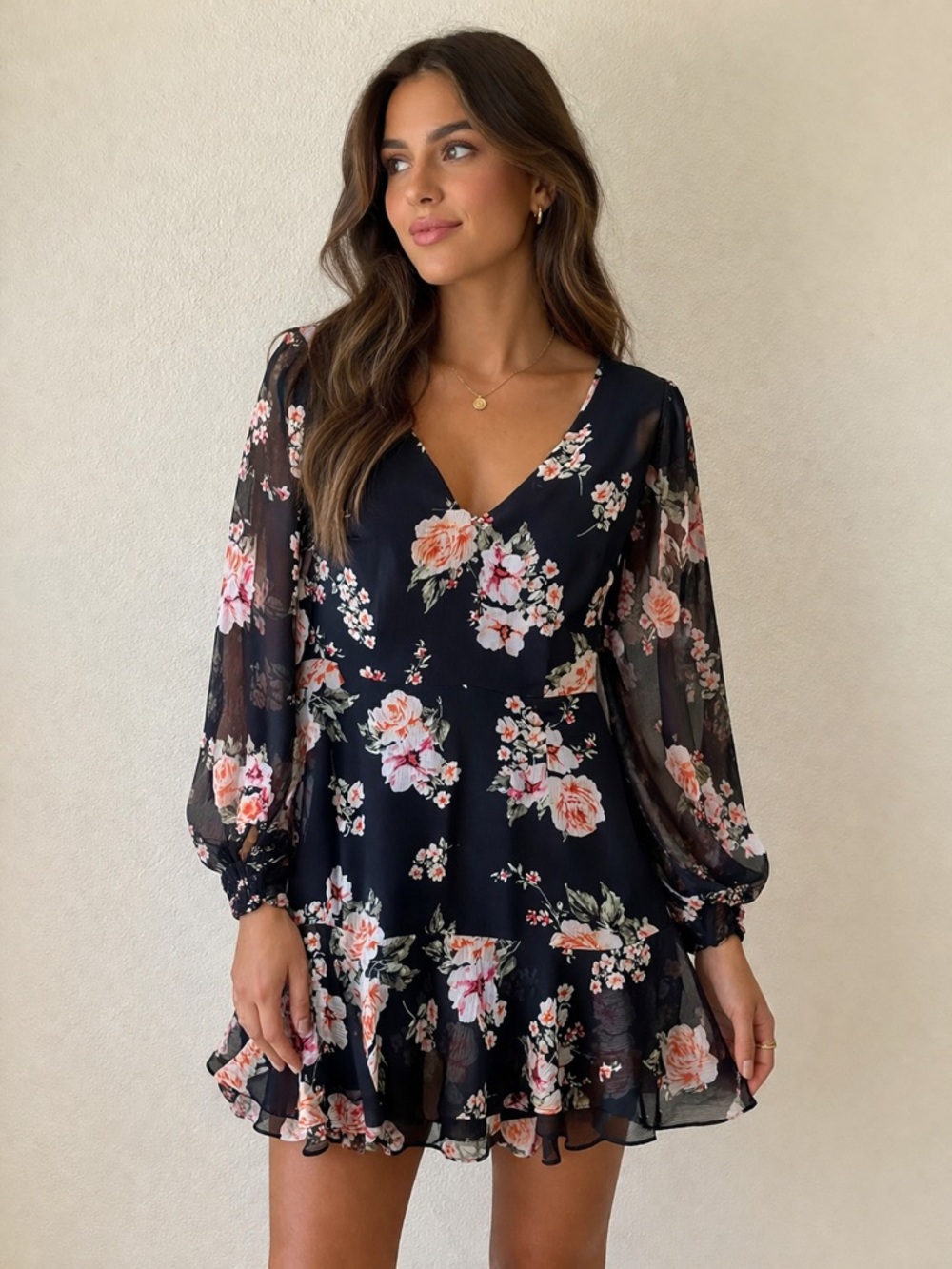 Bar III Black Floral V-Neck Ruffle Mini Dress